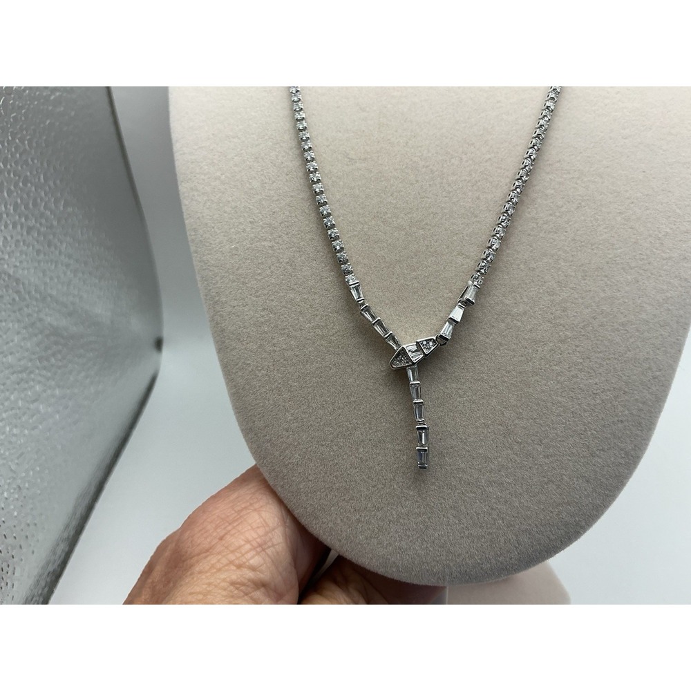 Adina Eden Silver Tone CZ Tennis Y Drop Baguette Necklace 16" + Extender